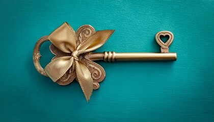 Vintage Golden Key with Ornate Heart Shaped Bow on Teal Background, Symbolizing Real Estate, Home, Romance, and Security Concepts