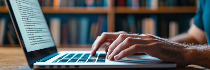 Writer reviewing drafts on a laptop, editing their manuscript, modern office with a bookshelf filled with literature in the background