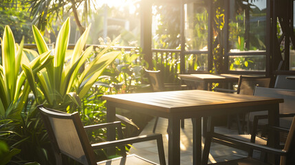 serene outdoor patio features minimalist furniture, including wooden table and chairs, surrounded by lush greenery and sunlight filtering through