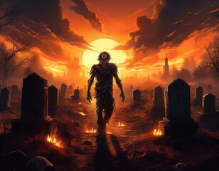 Fototapeta premium Zombie Walking in Burning Cemetery at Sunset with Fiery Sky, Digital Art, Post-Apocalyptic Horror Scene