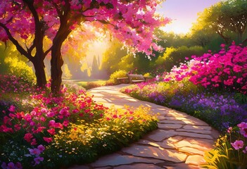 captivating display vibrant blossoms illuminated fresh morning sunlight reflecting breathtaking beauty colorful flora, arrangement, aromatic, backyard