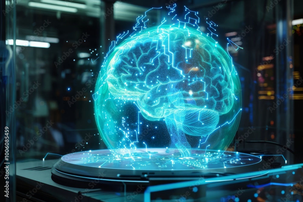 Poster a futuristic holographic brain floating in a high-tech lab, representing advanced technology and art