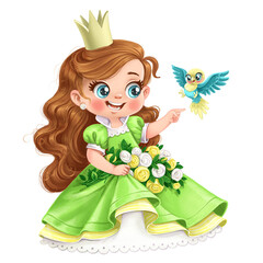 Cute cartoon Princess in lush green dress with flowers and a parrot bird  watercolor paint