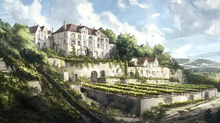 A Picturesque European Estate with a Lush Vineyard.