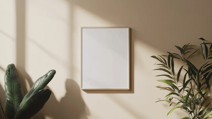 Close-up mock-up of a blank poster with a sleek black frame against a neutral white wall design, black frame on white wall mock up AI generated.