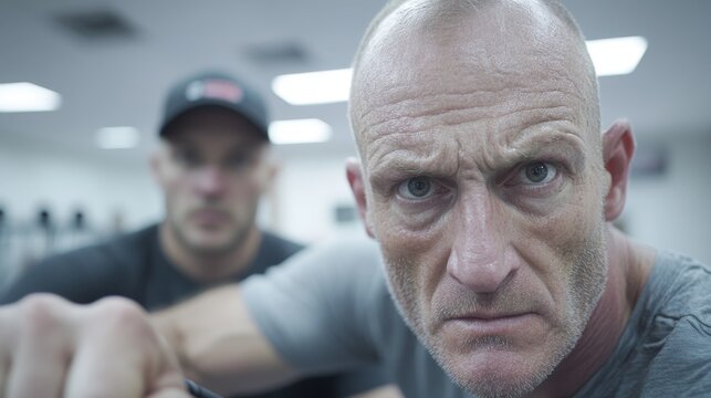 2409_222.a close-up shot of a mature man gripping a resistance band, assisted by a male physiotherapist who demonstrates the proper form for shoulder rehabilitation in a modern clinic