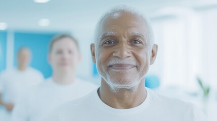 Fototapeta premium 2409_225.an engaging session where a physiotherapist supports a mature man in performing resistance band exercises, highlighting personalized care and attention in a therapy room