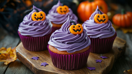 Delicious Halloween Cupcakes and Treats on Wooden Background for Your Halloween Party Festivities
