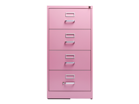 a pink filing cabinet with silver handles
