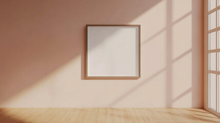 Fototapeta premium A black picture frame stands on a wooden surface against a white wall, Horizontal poster Frame Mockup hanging on wall in room, 3d rendering.