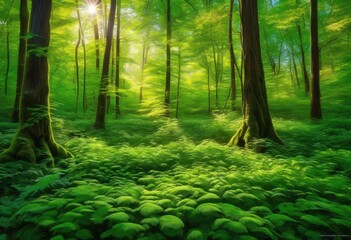 Fototapeta premium lush green foliage framing dappled sunlight beams through dense leaves creating breathtaking nature scene, greenery, trees, plants, forest, shade, landscape