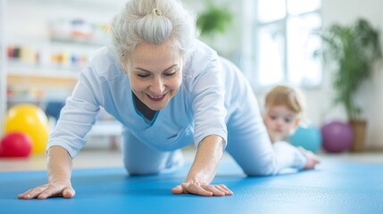 2409_250.female physical therapist guiding a child through a series of stretching exercises, emphasizing proper movement and coordination, in a serene therapy environment with natural light