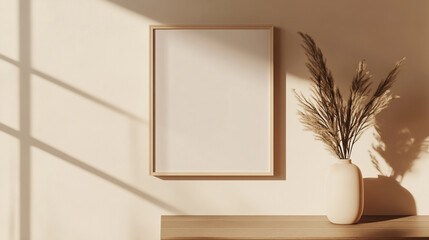 A black picture frame stands on a wooden surface against a white wall, Horizontal poster Frame Mockup hanging on wall in room, 3d rendering.