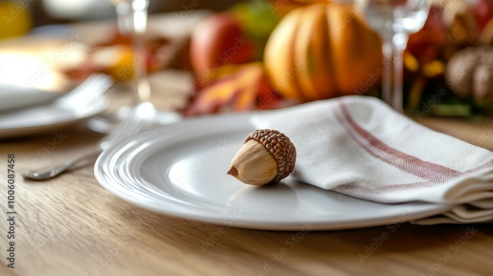 Poster a plate with a nut on it and a napkin with a red and white stripe