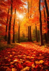 Fototapeta premium vibrant autumn leaves showcasing palette brilliant colors rich textures breathtaking scenic setting, nature, scenery, landscaping, forest, foliage, sunlight