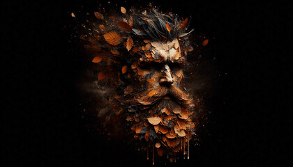 A creative and artistic representation of a man's face formed from autumn leaves, blending human and nature in a unique visual fusion
