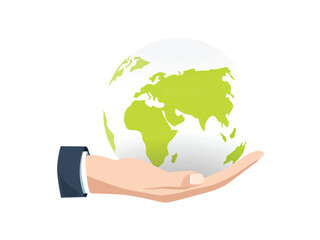 simple flat design illustration of earth globe in hand isolated on white background, vector illustration of hand holding earth