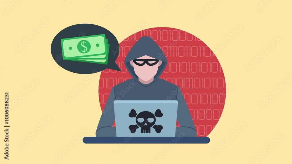 Poster a hacker in a mask and sweatshirt sits at a desk and codes on his laptop. a cloud of money moves awa