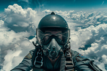 Parachutist with parachute makes heavenly adventure against backdrop of landscape