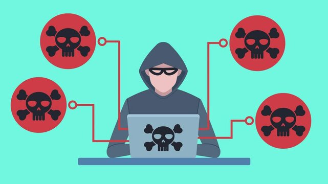 A hacker sits at his laptop and connects to users in the company. One by one, he starts hacking connections and taking over their accounts. Flat design animation.