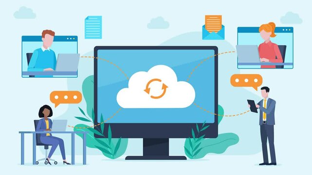 Employees in the office send data and files to each other via the cloud. They connect with employees in other departments or in the home office. The cloud graphic is on the monitor.