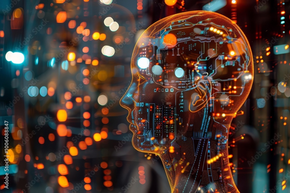 Poster exploring the blend of tech and the mind through glowing digital neural pathways in a vibrant cybern