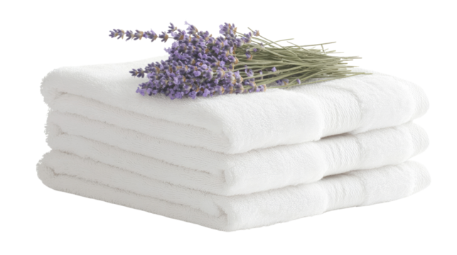 neatly stacked pile of white towels with lavender flowers on a transparent background