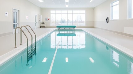 2409_318.therapy room dedicated to aquatic rehabilitation, featuring a central waterproof treatment table and surrounding medical equipment, emphasizing a calm and therapeutic atmosphere