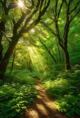 vividly illuminated lush forest canopies creating breathtaking natural ambiente vibrant greenery dappled sunlight, canopy, nature, shade, leaves, trees