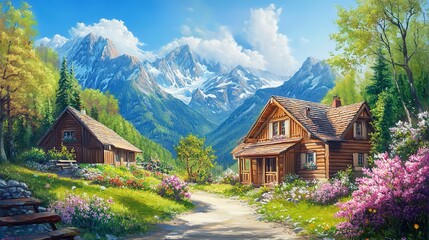 Fototapeta premium Idyllic countryside summer landscape with wooden old houses, beautiful flowers and trees with the Alp mountains in the background, oil painting on canvas 