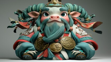 Fototapeta premium Mythical Ox Deity Figurine with Intricate Details and Traditional Attire