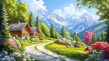 Idyllic countryside summer landscape with wooden old houses, beautiful flowers and trees with the Alp mountains in the background, oil painting on canvas 