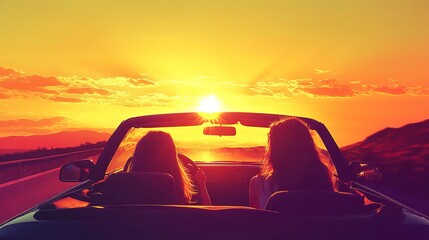 Hatchback Car travel driving road trip of family summer vacation in car at sunset Girls happy traveling enjoy holidays and relaxation together get the atmosphere and go to destination 
