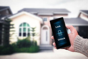 Home security and anti theft technology that connects to your smartphone with an application , Home security and anti theft technology concept