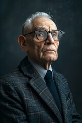 Fototapeta premium Senior man in a sharp suit and designer glasses, staring thoughtfully into the distance, in a studio