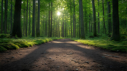 Obraz premium Forest Path Leads to Sunlit Clearing, Tranquility and Nature