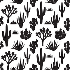 Fototapeta premium Black and white cactus plants silhouette illustration set.