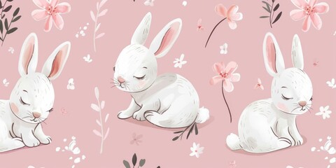 Charming illustration of white bunnies surrounded by pink flowers on a pastel background, perfect for children's decor.