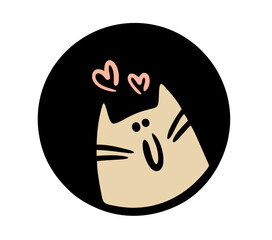 Cartoon funny little face peeks out of the darkness. Vector illustration of a cute, lovesick cat looking out of the dark and sending his love. A heart and a pet.