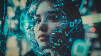 Digital human, futuristic face hologram, AI generated