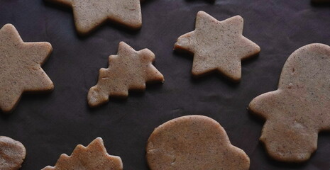 Cookies Shapes Closeup Brown Horizontal Raw Unbaked Homemade Dark Baking