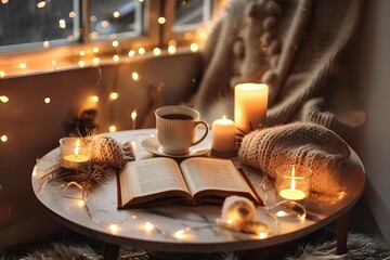 Fototapeta premium Relaxing Tea Time with an Open Book and Soft Candlelight in a Cozy Room