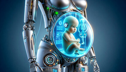Ein Android-Roboter, im durchsichtigem Bauch befindet sich ein Baby. Durch k&uuml;nstliche Befruchtung im Inkubator heranwachsen.