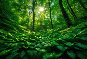 Obraz premium detailed close vibrant forest canopy highlighting lush sunlight filtering through natural rich colors, biodiversity, ecosystems, flora, foliage, growth