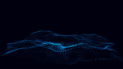 Abstract vector technology blue wave in the center with motion dots and lines. AI in virtual reality on digital background. Wireframe texture. Dynamic analysis a network connection data.