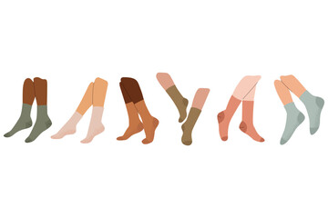 Set of legs in socks. Pairs of feet in socks set. Illustrations of female and male underwear.