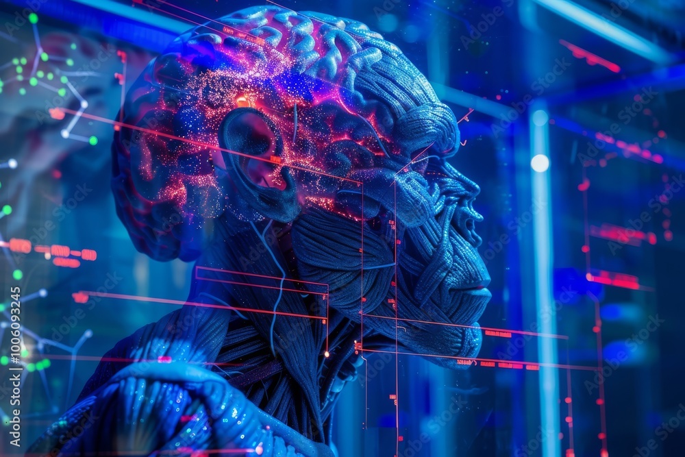Poster futuristic humanoid with glowing neural networks blends tech and organic design in a blue-lit settin