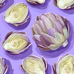 Obraz premium Artichoke Purple Delight Seamless Pattern: A vibrant, stylized illustration of artichoke hearts and whole artichokes arranged in a captivating pattern against a rich purple background.