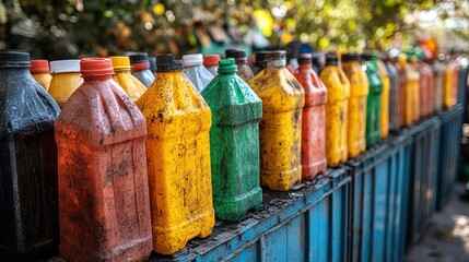 Fototapeta premium Colorful Plastic Bottles on a Blue Fence