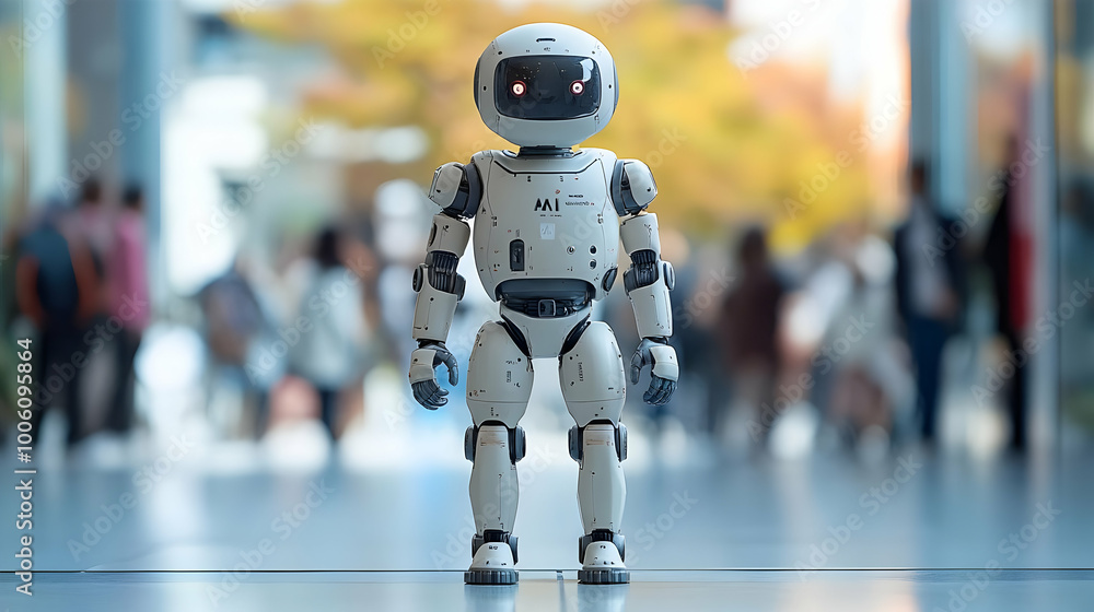 Poster robot standing in a crowded place